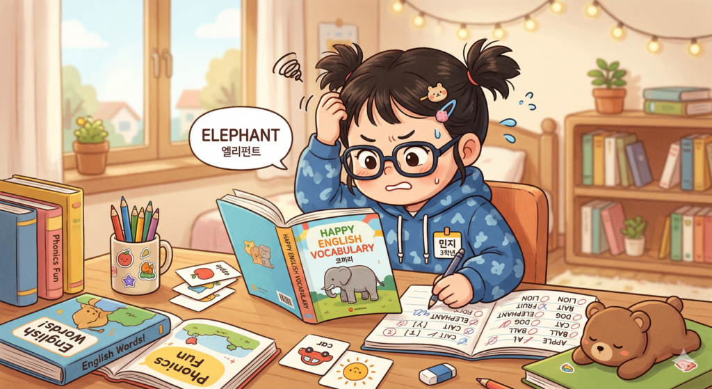 초등학생 영단어 학습하는 아이 일러스트
