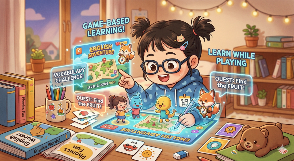 초등학생이 태블릿으로 영어 게임 학습을 하는 모습