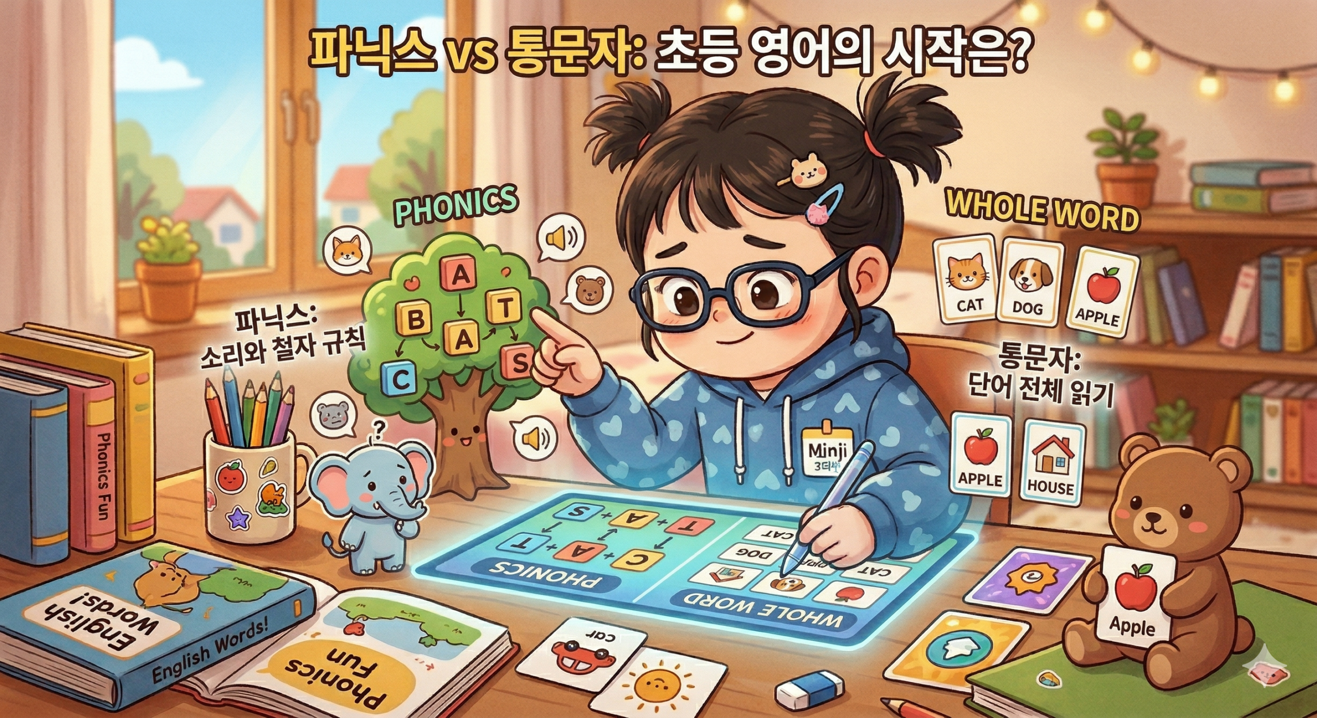 초등학생이 파닉스와 통문자 방식으로 영어를 학습하는 모습