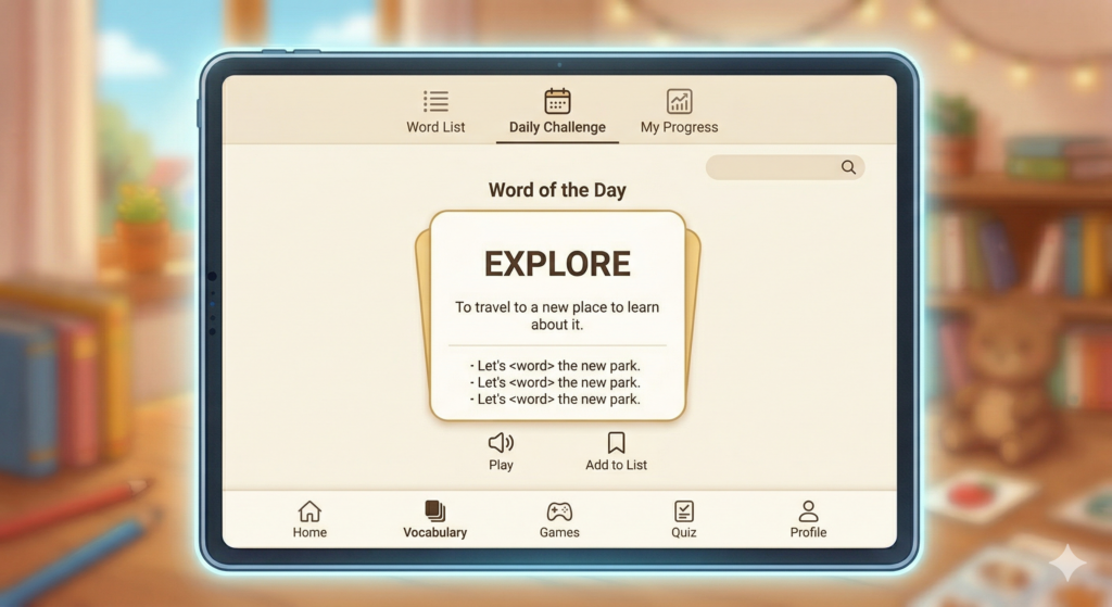 초등 영어 앱 추천 - 태블릿으로 영단어를 학습하는 화면
