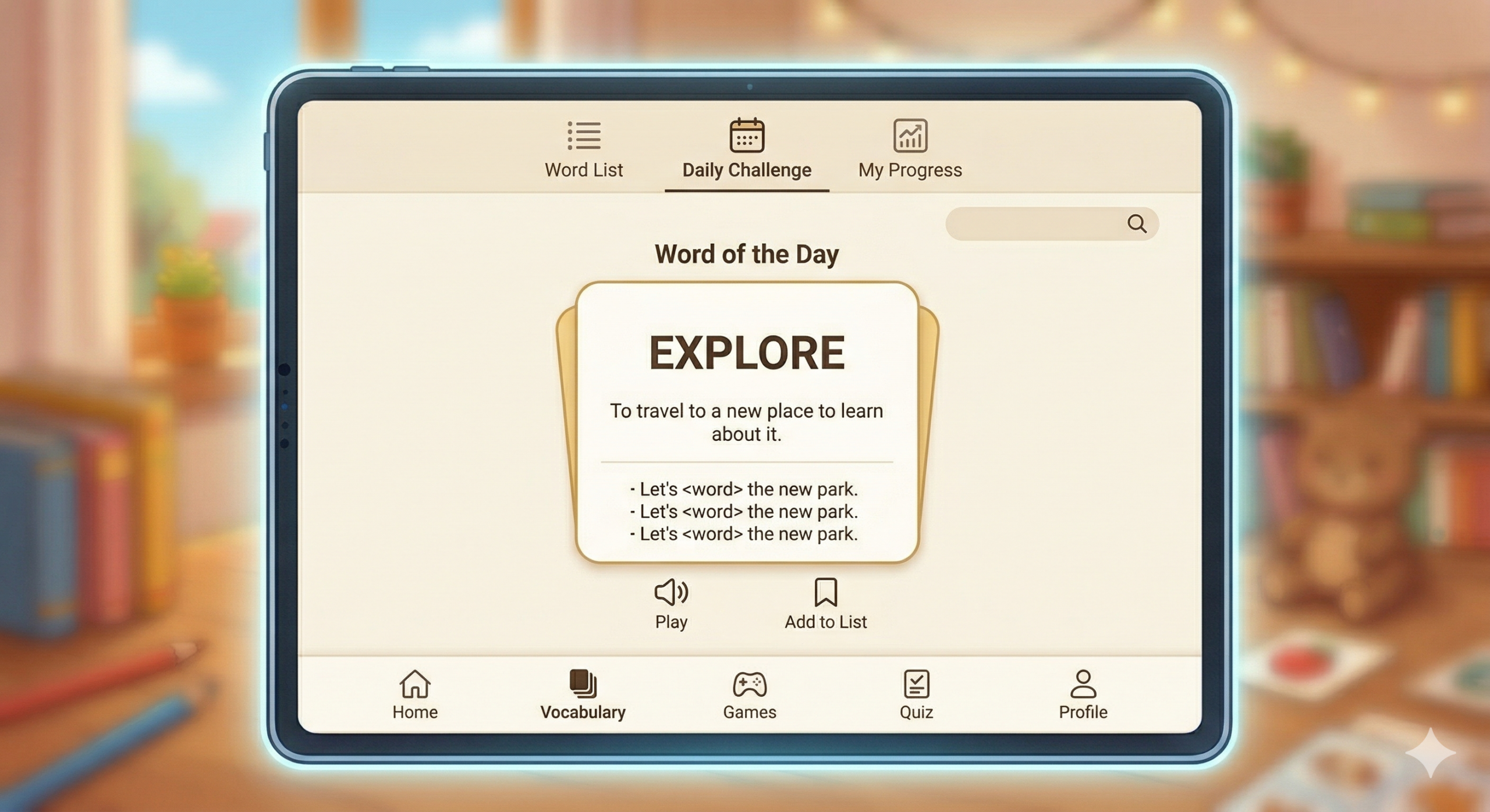 초등 영어 앱 추천 - 태블릿으로 영단어를 학습하는 화면